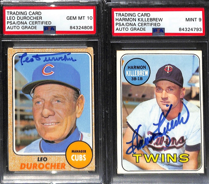 (4) Signed Vintage HOFer Baseball Cards - 1959 Spahn, 1961 Fleer Lefty Gomez, 1968 Durocher, 1969 Killebrew (PSA/DNA Encased w. 2 Gem Mint Auto Grades)